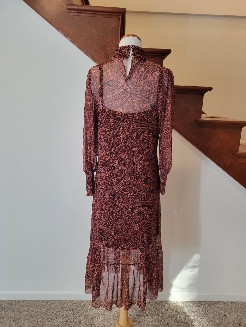 Farm Rio Mesh Dress Mock Neck Anthropologie Printed Paisley Midi Brown Size M - Picture 5 of 6